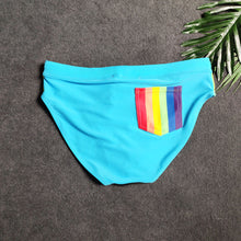 Load image into Gallery viewer, Pride Month Edition Swim Trunks with Rainbow Flag Speedos sky blue