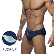 Load image into Gallery viewer, Pride Month Edition Swim Trunks with Rainbow Flag Speedos dark blue
