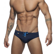 Load image into Gallery viewer, Pride Month Edition Swim Trunks with Rainbow Flag Speedos dark blue