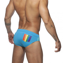 Load image into Gallery viewer, Pride Month Edition Swim Trunks with Rainbow Flag Speedos sky blue