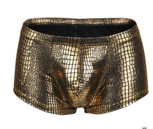 Load image into Gallery viewer, Sheen Holographic Swimsuit Hipster Trunks for men metallic gold