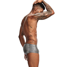 Load image into Gallery viewer, Sheen Holographic Swimsuit Hipster Trunks for men metallic silver
