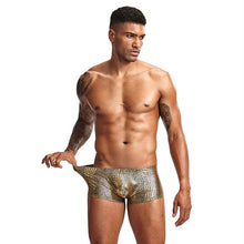 Load image into Gallery viewer, Sheen Holographic Swimsuit Hipster Trunks for men metallic gold